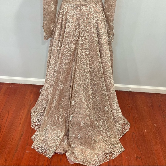 Mac Duggal Embellished Illusion Long Sleeve A line Gown In Mocha Pink - Reemoly - Picture 14 of 17